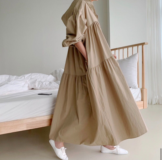 オールインワンコーデ フード付きゆったりティアードワンピース