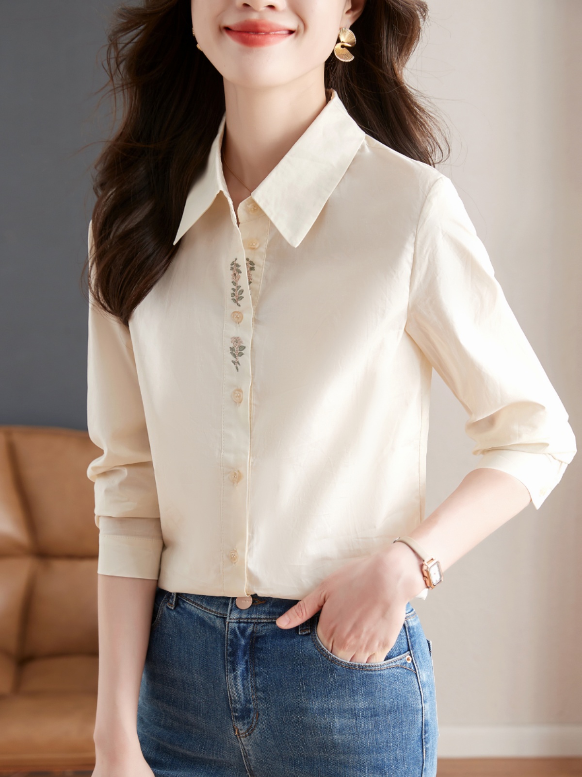 花柄ファッション 刺繍入り花柄デザインシャツ