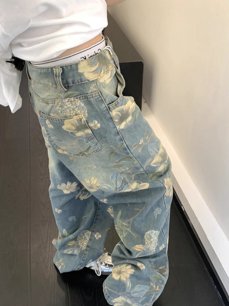 花柄ファッション ペイントフラワー柄ゆったりデニムパンツ