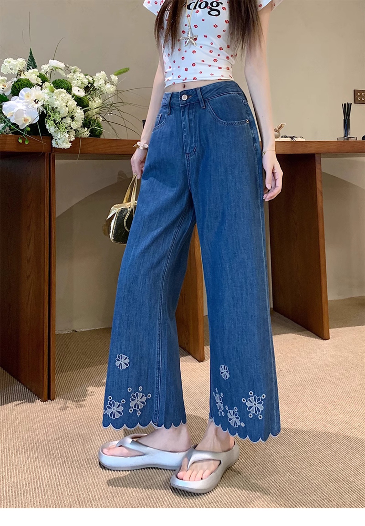 花柄ファッション 裾スカラップ刺繍フラワーワイドデニムパンツ