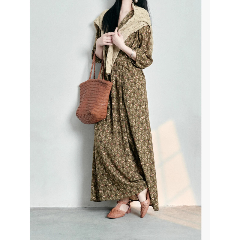 花柄ファッション 小花柄ウエストギャザー七分袖マキシワンピース