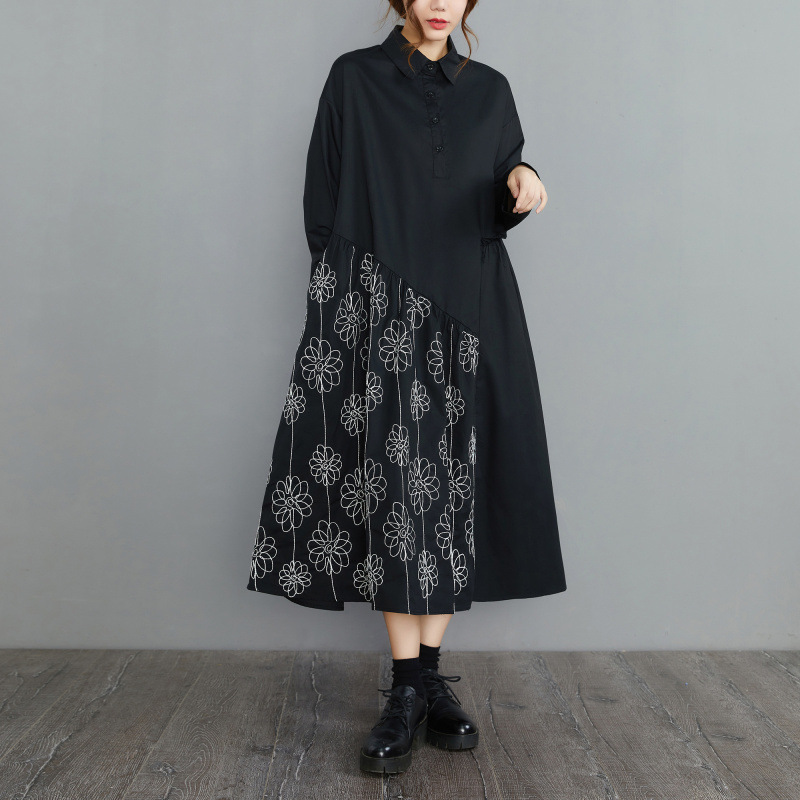 花柄ファッション 花柄刺繍切替ゆったりシャツワンピース