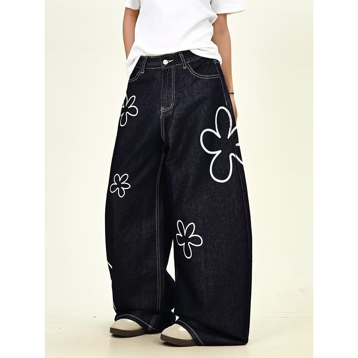 花柄ファッション 白花刺繍ワイドシルエットデニムパンツ