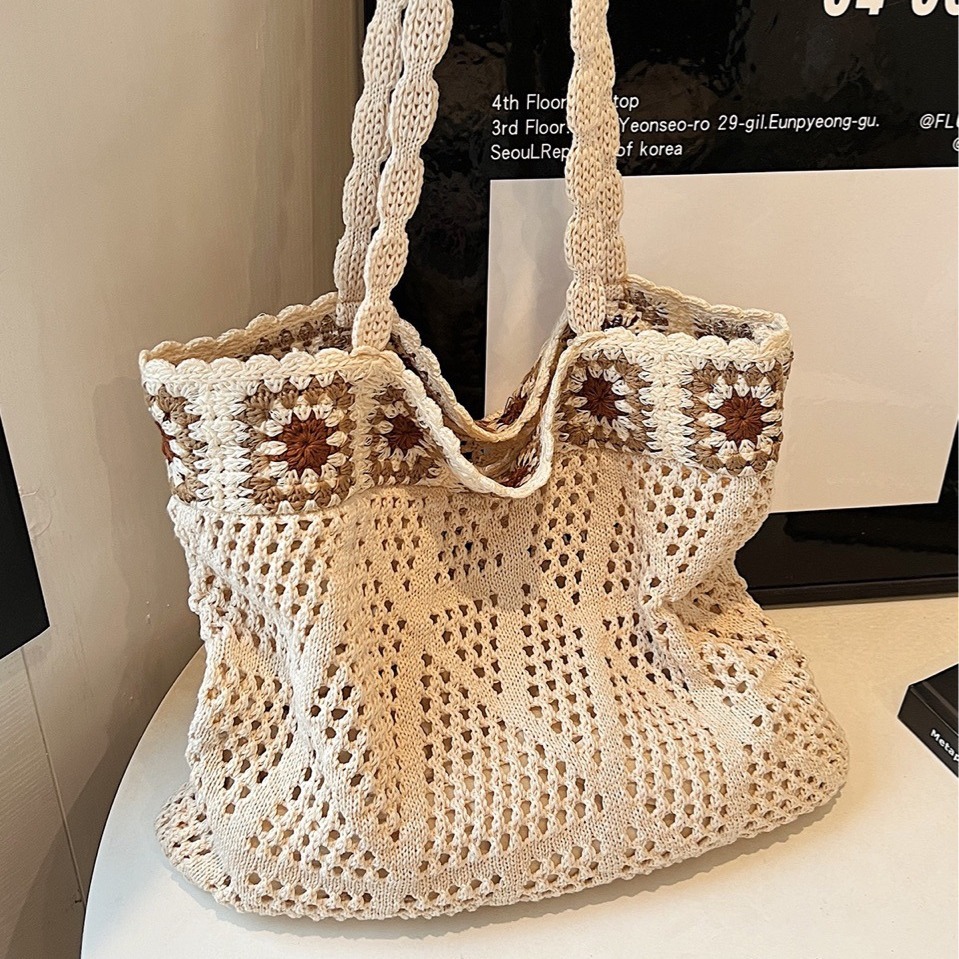 花柄ファッション グラニースクエア編み巾着トートバッグ