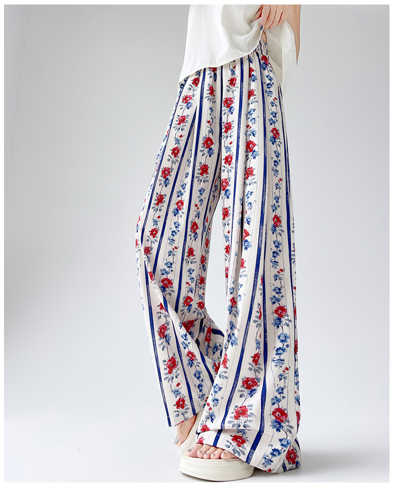 花柄ファッション 花柄縦ストライプ ゆったりパンツ