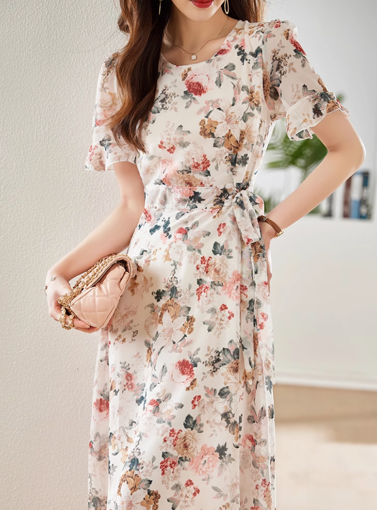 夏の半袖シフォン花柄ワンピース