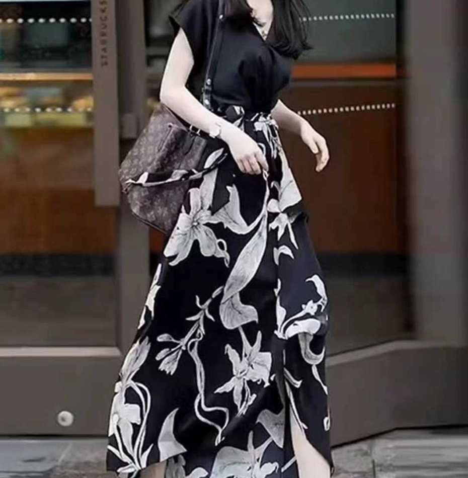 花柄×無地ドッキングワンピース