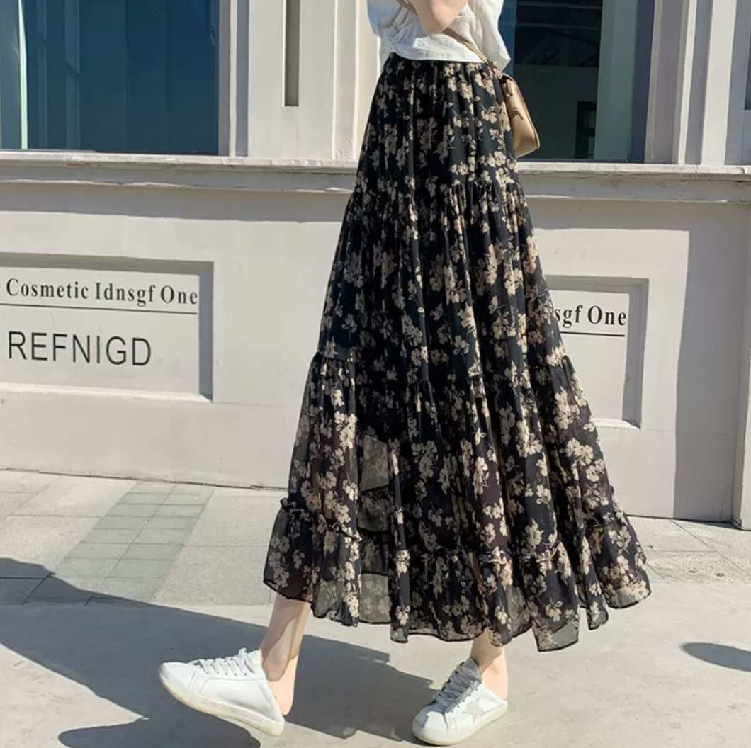 花柄ティアードロングスカート