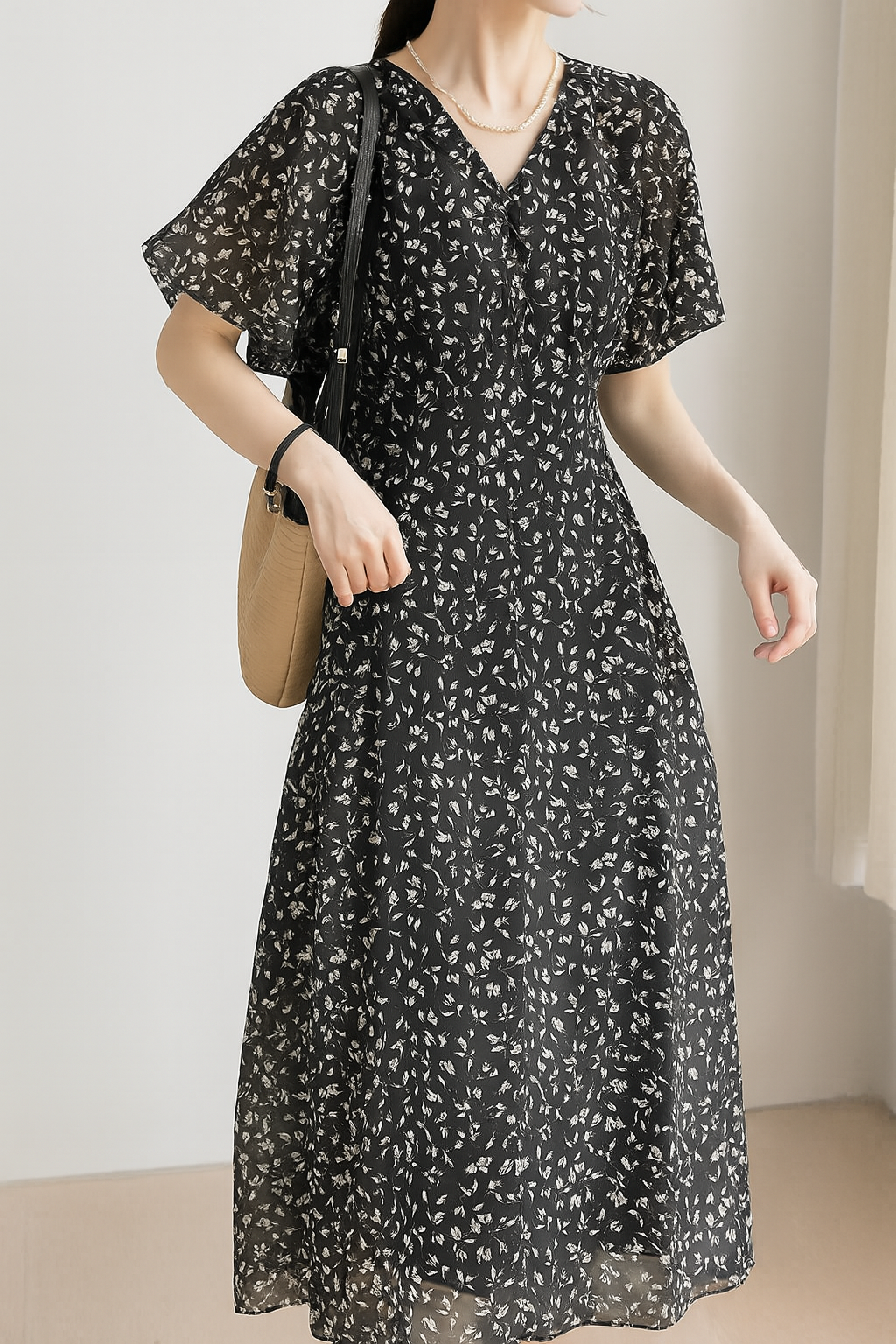 Vネック花柄ティードレス