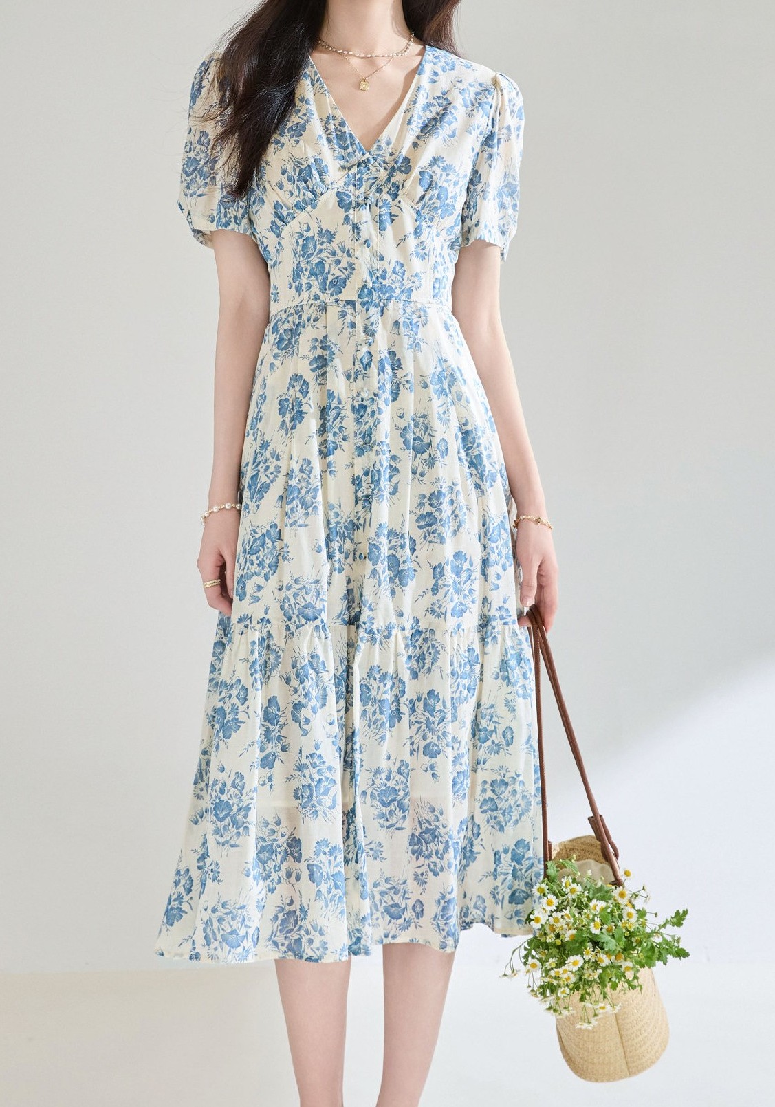 花柄ファッション 爽やか青花柄ティアードワンピース