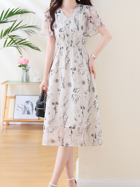 花柄ファッション 優美な花柄シフォンワンピース