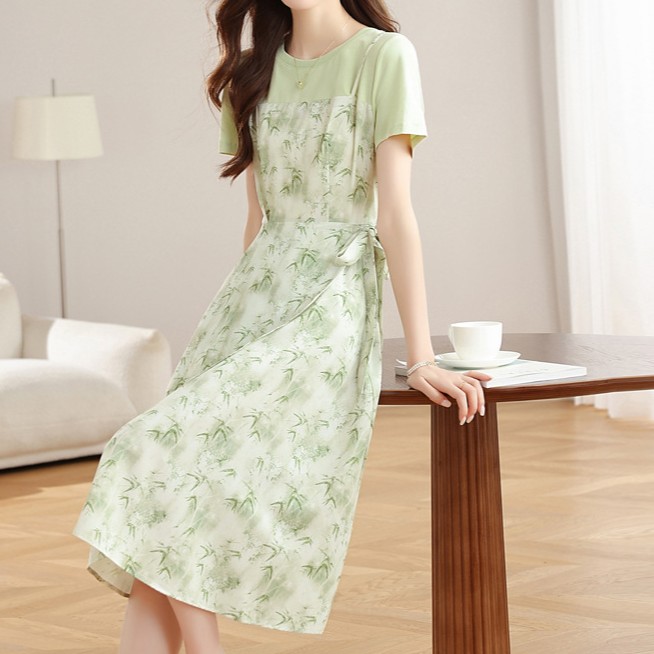 花柄ファッション 爽やか竹模様ミディ丈ワンピース