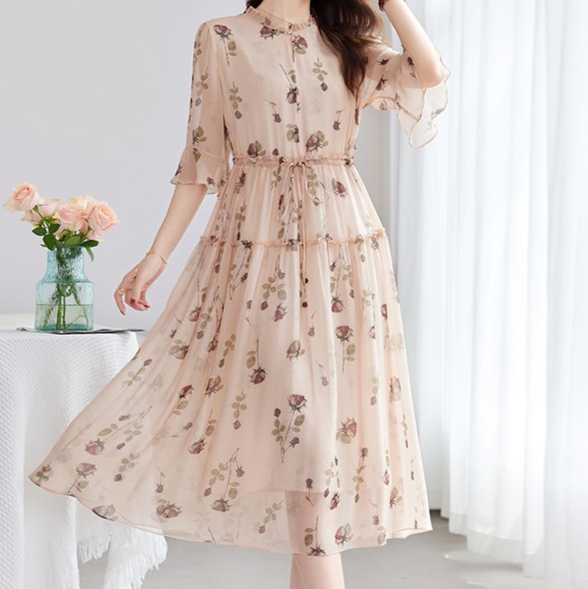 非表示(値段) 花柄ファッション 優美な花柄シフォンロングワンピース