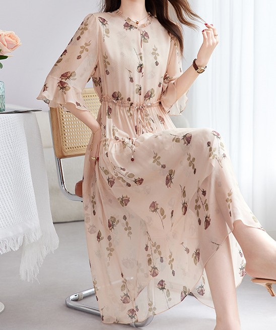 非表示(値段)　花柄ファッション 優美な花柄シフォンロングワンピース