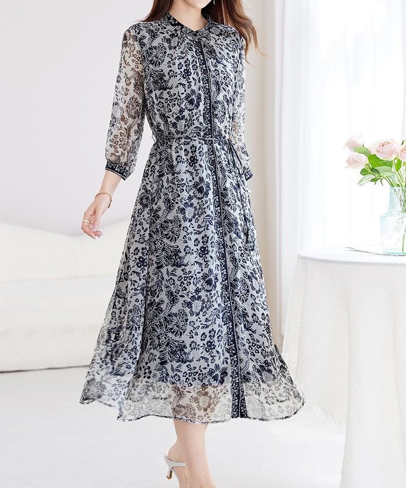 非表示(値段)　花柄ファッション 優美な花模様シフォンワンピース