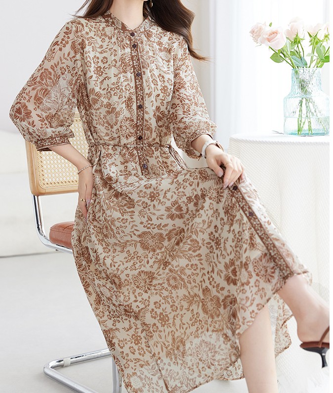 非表示(値段)　花柄ファッション 優美な花模様シフォンワンピース