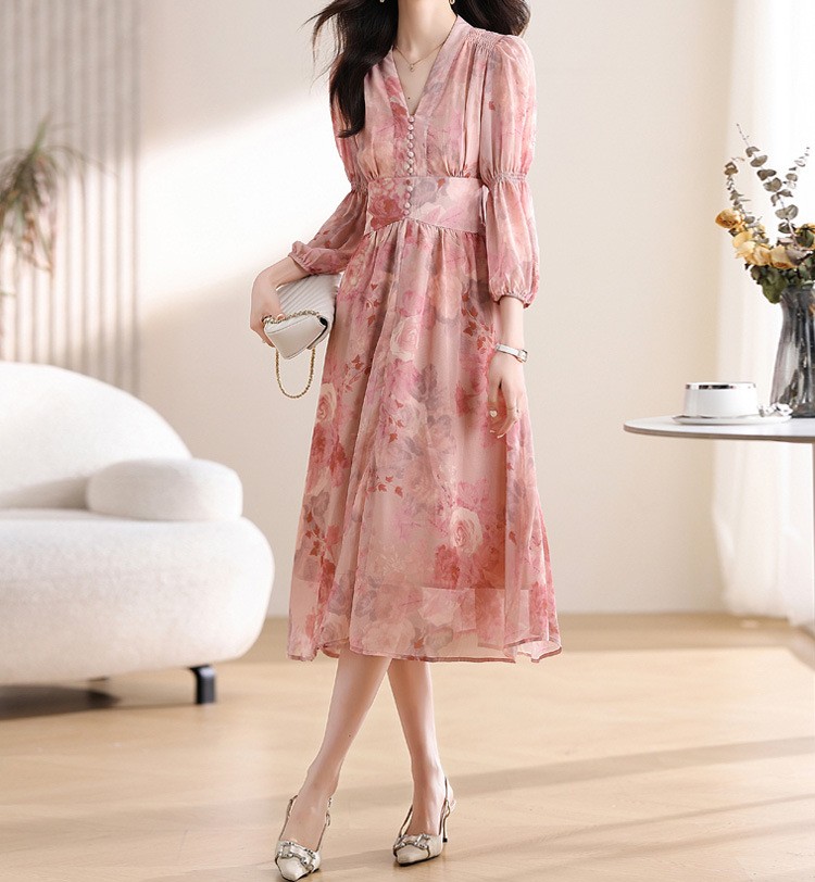 花柄ファッション 優雅な花模様シフォンワンピース