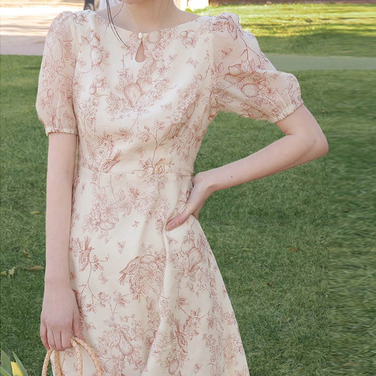 花柄ファッション 優美な花模様 春風ミディ丈ワンピース