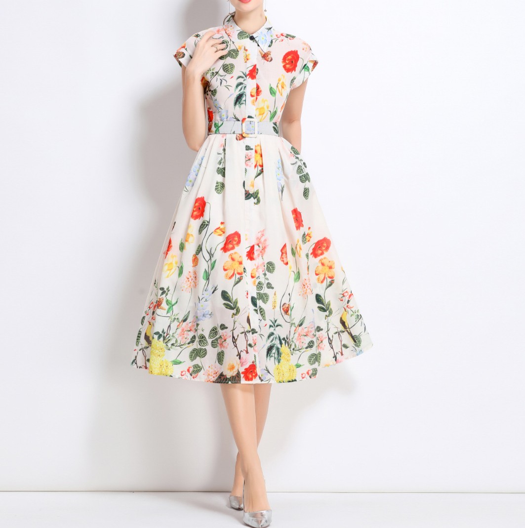花柄ファッション 優美な花園 ベルト付きミディ丈ワンピース