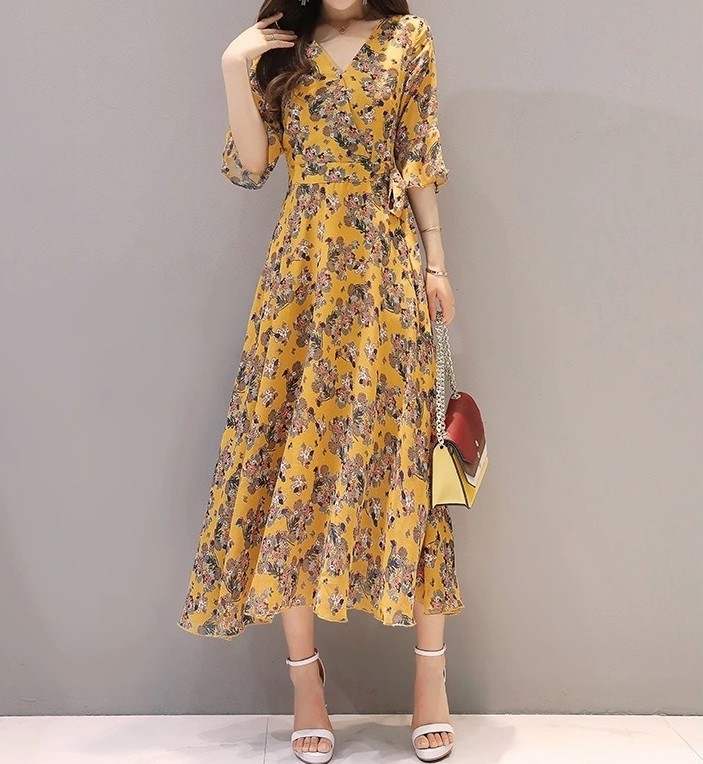 花柄ファッション 優美な花柄シフォンロングワンピース