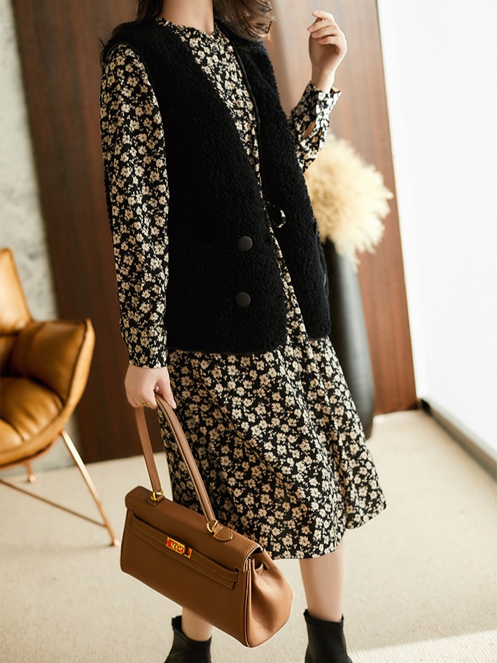 花柄ファッション 小花柄 マンダリンカラー ミディ丈ワンピース