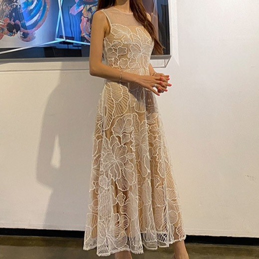 花柄ファッション 大輪花刺繍シースルーロングワンピース