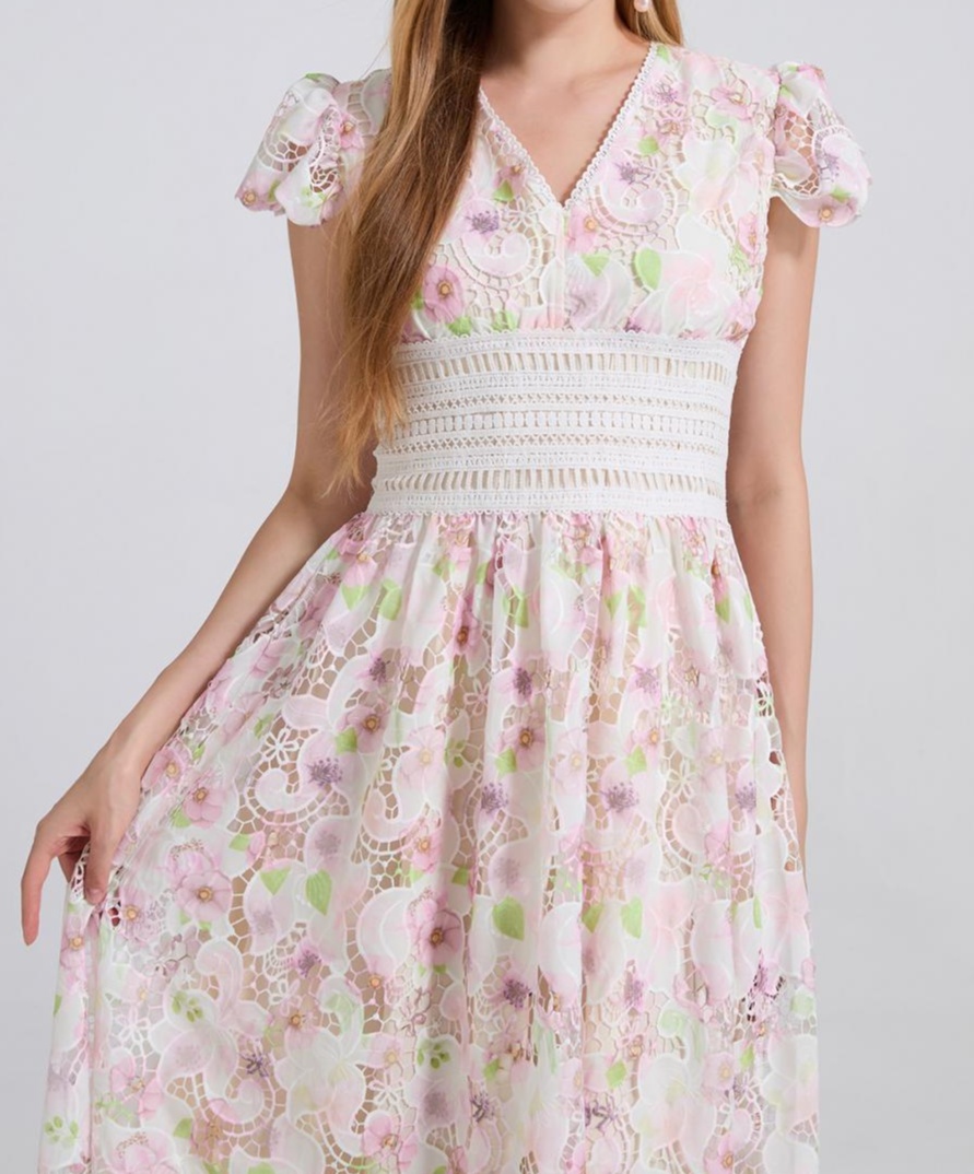 非表示(外国人と伝わる)花柄ファッション 優美な花柄刺繍マキシワンピース