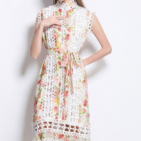 花柄ファッション 透かし編み花柄ミディ丈ワンピース