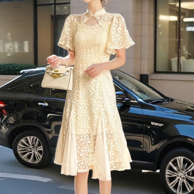 花柄ファッション 上品レース切替えワンピース