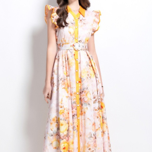 花柄ファッション 優美な花咲くマキシ丈フリル袖ワンピース