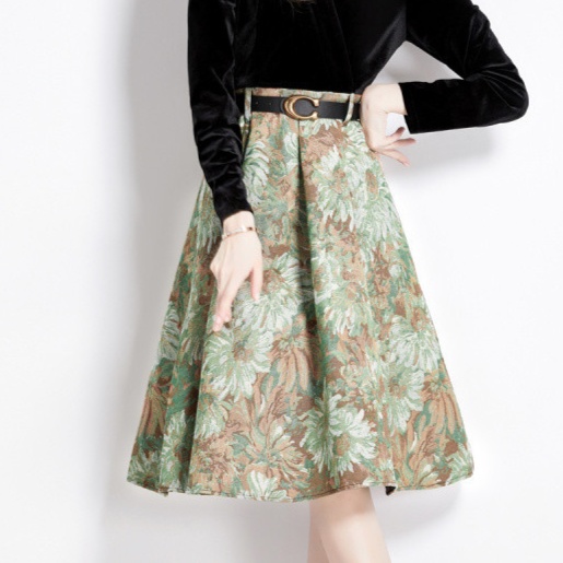 花柄ファッション 上品ベルベット切替え花柄フレアースカート