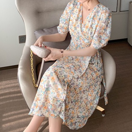 花柄ファッション 優美な花柄シフォンラップワンピース