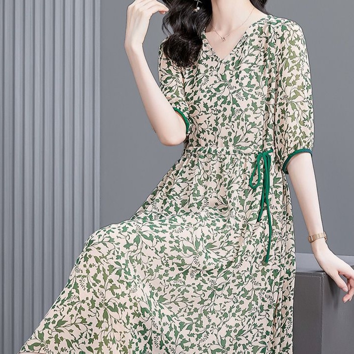 花柄ファッション 優美な草花模様 七分袖リボン付きワンピース