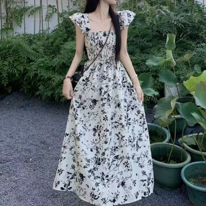 花柄ファッション 爽やか花模様 フリルショルダー ワンピース