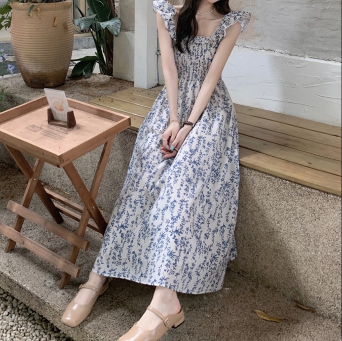 花柄ファッション 花柄スクエアネックマキシワンピース
