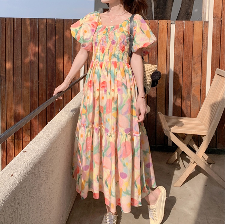 花柄ファッション 水彩風花柄ティアードマキシワンピース