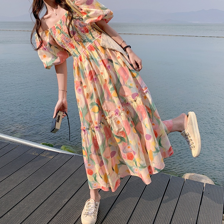 花柄ファッション 水彩風花柄ティアードマキシワンピース