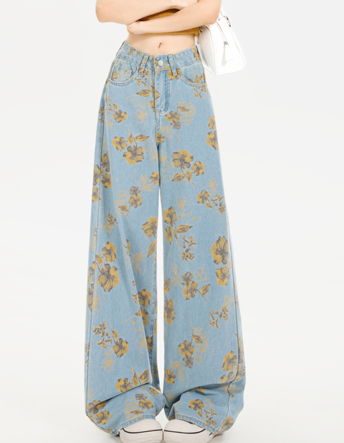 花柄ファッション 華やか花模様ワイドデニムパンツ