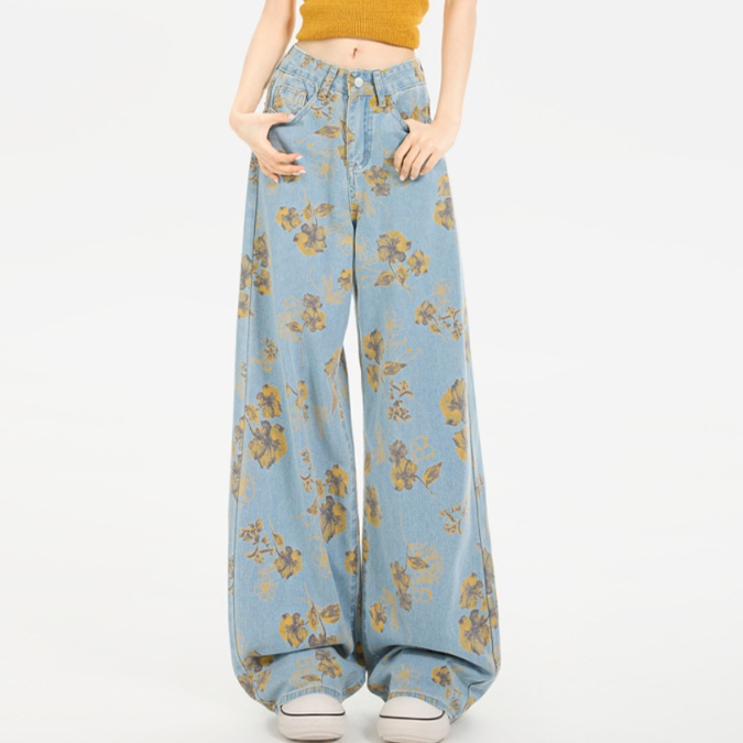 花柄ファッション 華やか花模様ワイドデニムパンツ