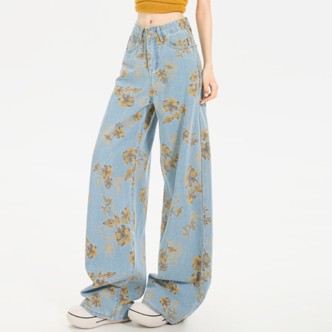 花柄ファッション 華やか花模様ワイドデニムパンツ