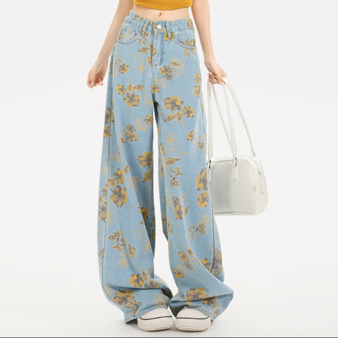 花柄ファッション 華やか花模様ワイドデニムパンツ