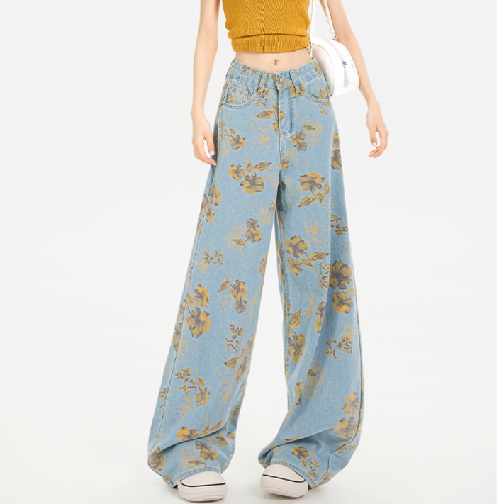花柄ファッション 華やか花模様ワイドデニムパンツ