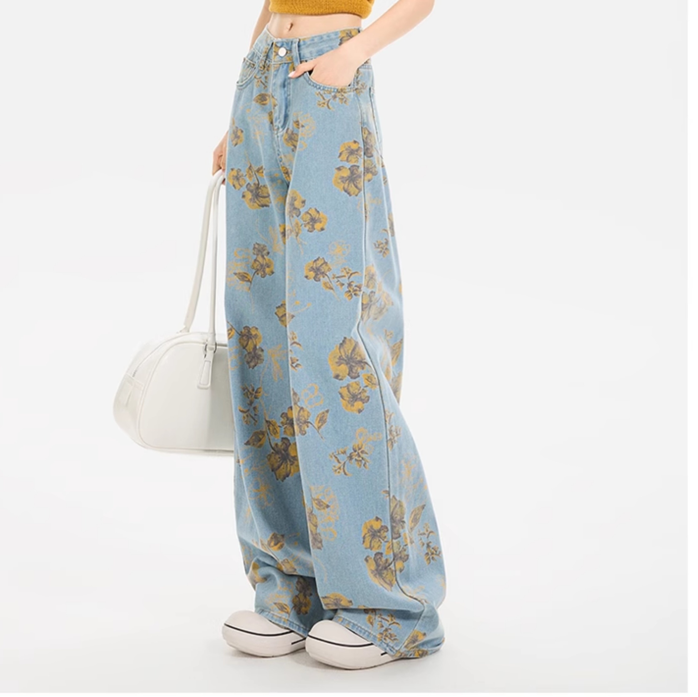 花柄ファッション 華やか花模様ワイドデニムパンツ