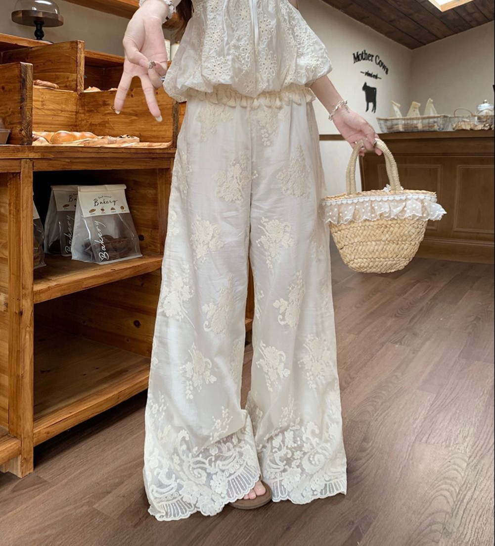 花柄ファッション 刺繍レースのロングパンツ