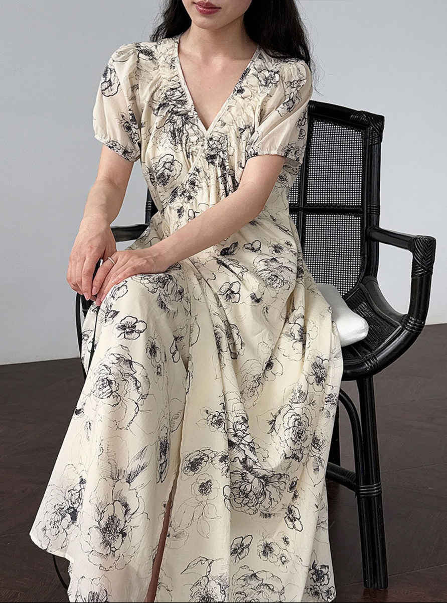 花柄ファッション Vネック花柄シャツワンピース