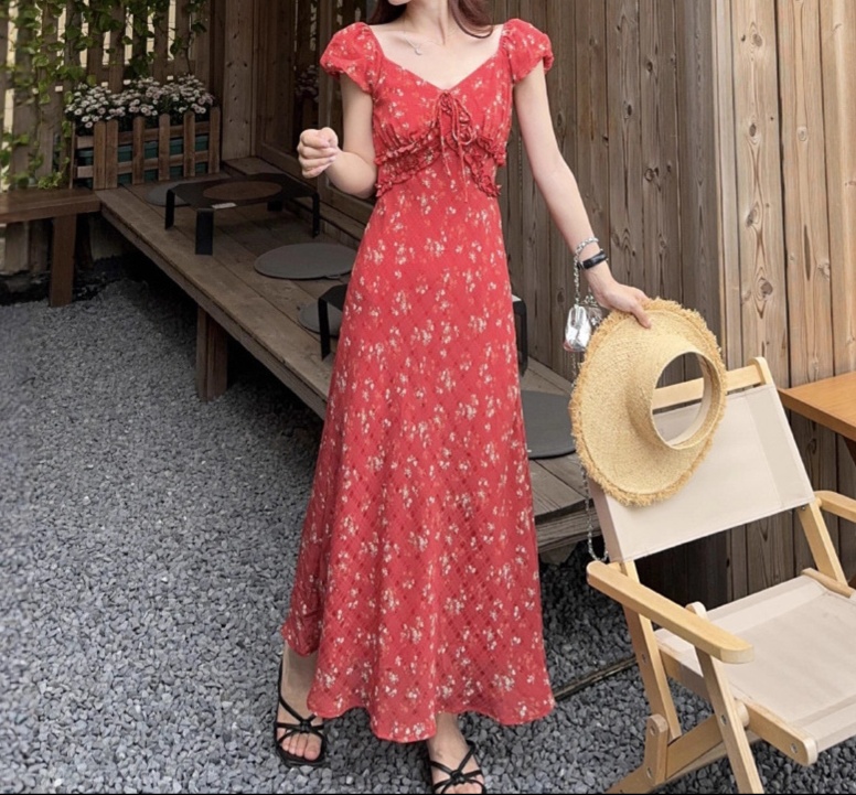 花柄ファッション 小花柄リボン付きマキシワンピース