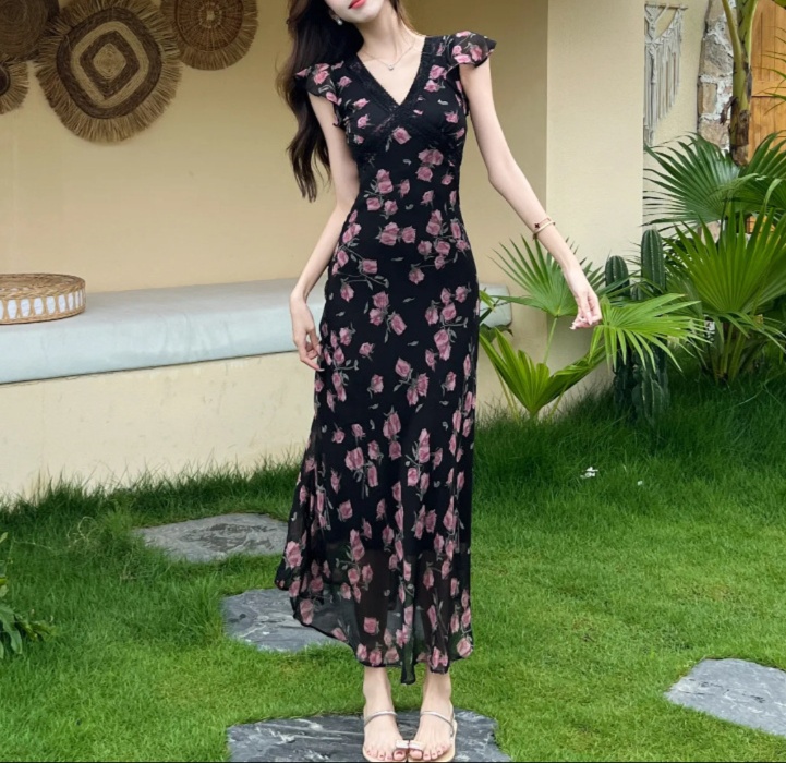 花柄ファッション エレガント花柄シフォンワンピース