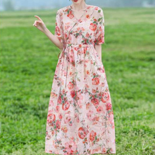 花柄ファッション 優美な花柄シフォンワンピース 夏の庭園シリーズ