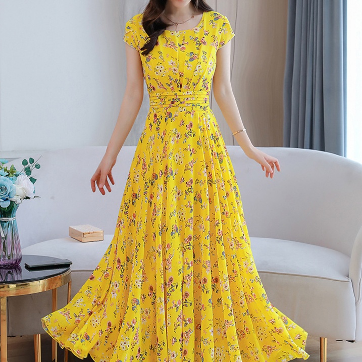 花柄ファッション 花咲くシフォンマキシ丈調節可能ワンピース