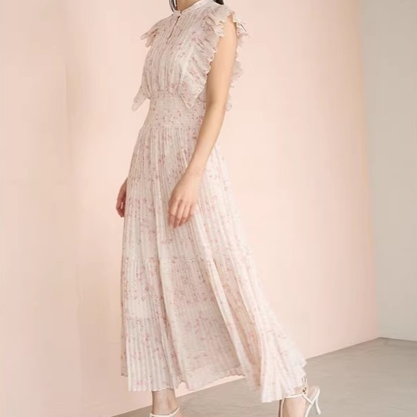 花柄ファッション 優美な花柄プリーツシフォンワンピース